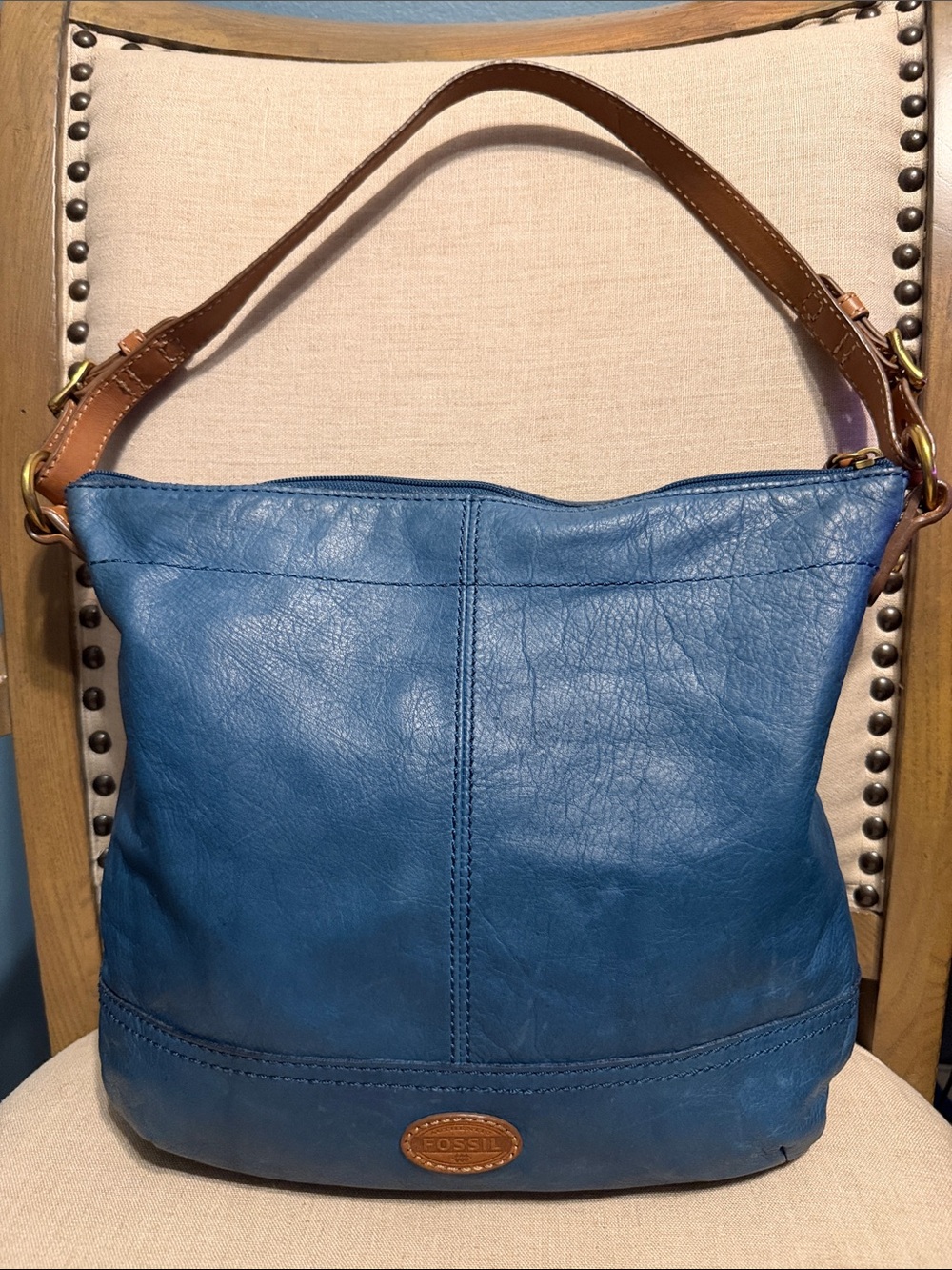 Fossil Blue Leather Shoulder Hobo Bag with Brown Strap